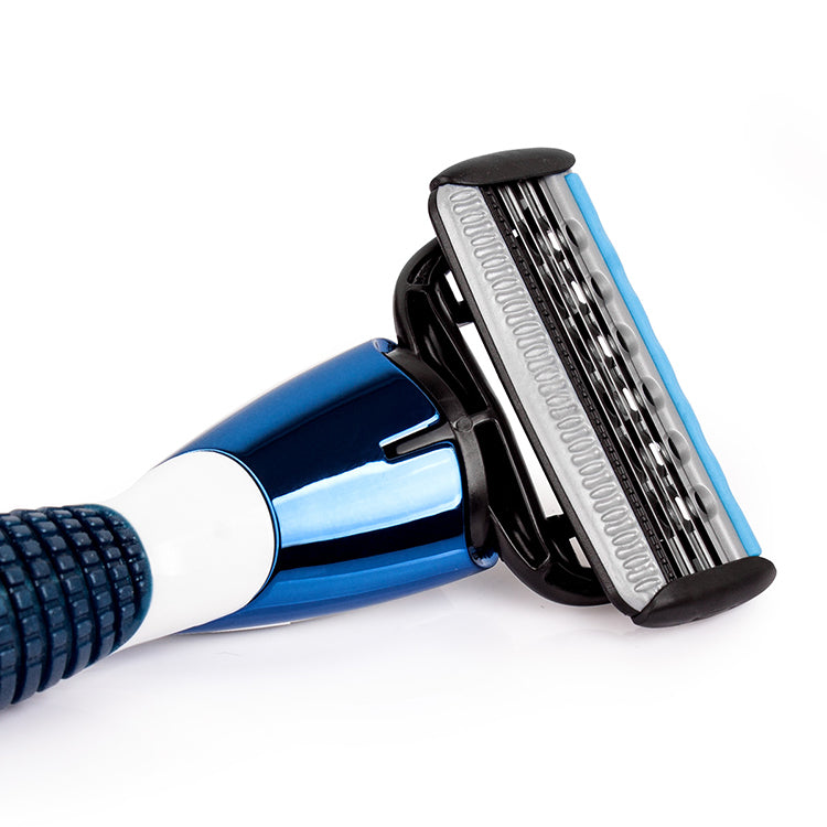 QShave Blue Men Shaving Razor, 1 Handle + 1 Cartridge X3 Blade + 9 Cartridges X5 Blade RQ119