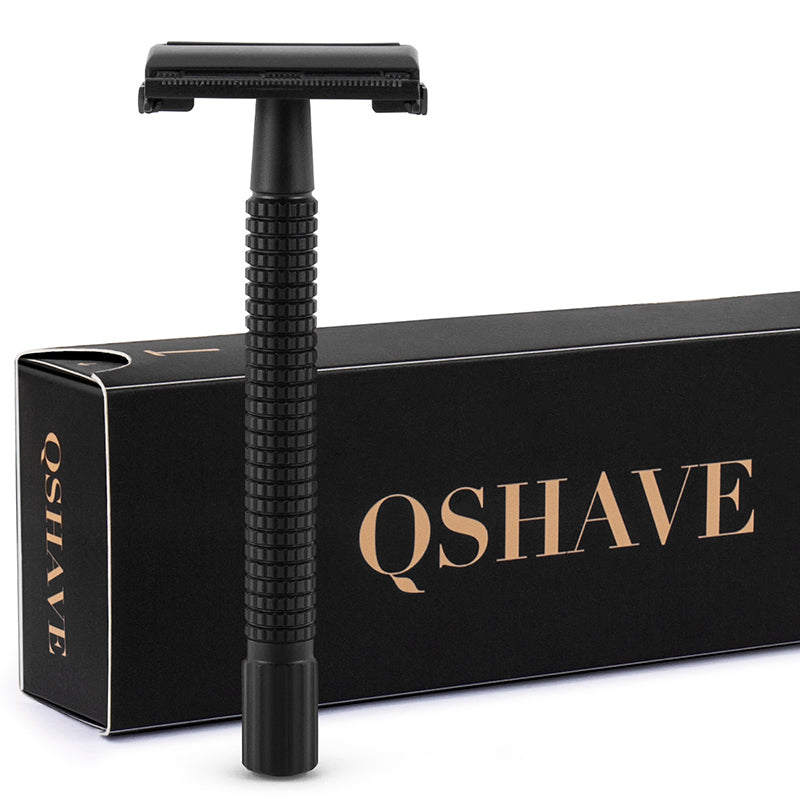 Qshave IT Matte Black Steel Coating Safety Razor Long Handle Butterfly Open Classic Safety Razor 11.4 x 4.3  with 5 blades RD260