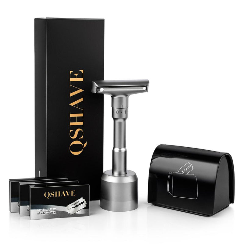 QSHAVE Adjustable Safety Razor kit  Shaving kit Holder + Razor + Blade Disposal Case +15 Blades set