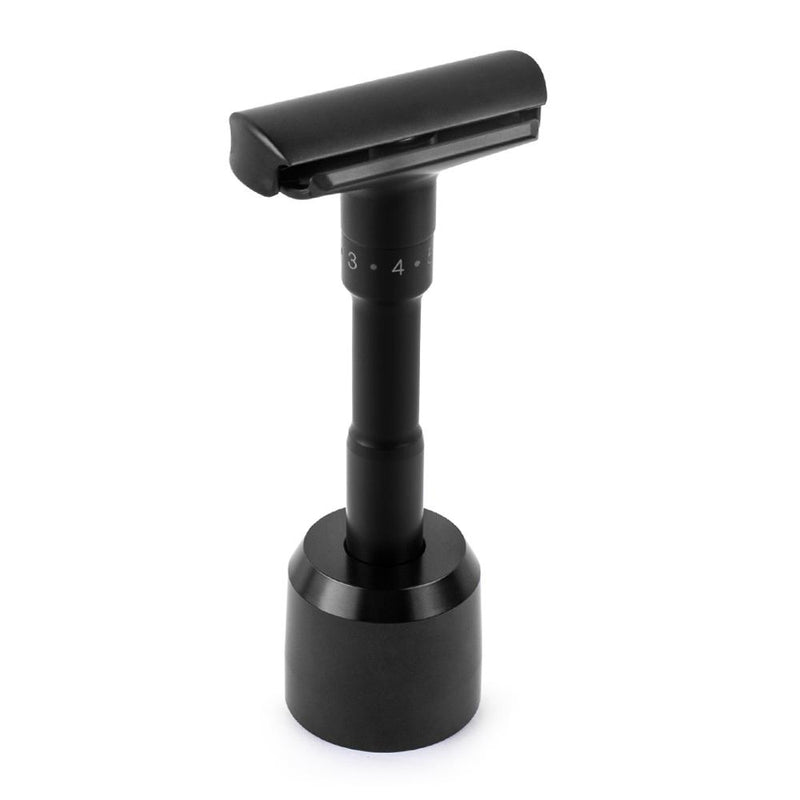 QSHAVE Luxurious Black Razor Solo Stand/Base Brushed Aluminum Alloy Adjustable Safety Razor Stand (Razor not Included)