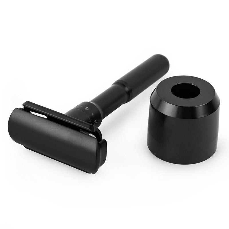 QSHAVE Luxurious Black Razor Solo Stand/Base Brushed Aluminum Alloy Adjustable Safety Razor Stand (Razor not Included)