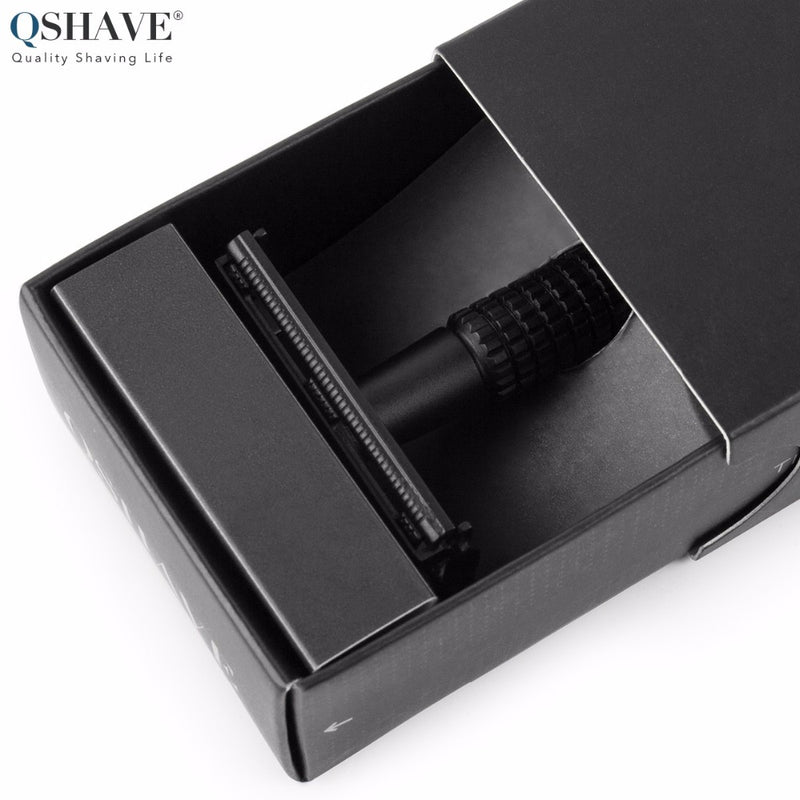 Qshave IT Matte Black Steel Coating Safety Razor Long Handle Butterfly Open Classic Safety Razor 11.4 x 4.3  with 5 blades RD260