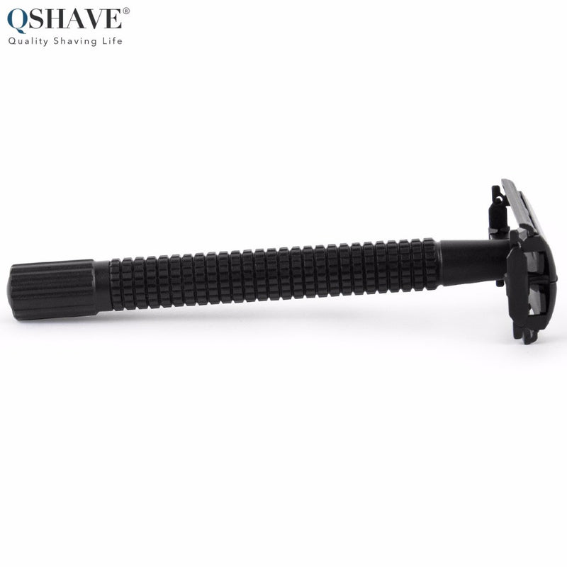 Qshave IT Matte Black Steel Coating Safety Razor Long Handle Butterfly Open Classic Safety Razor 11.4 x 4.3  with 5 blades RD260