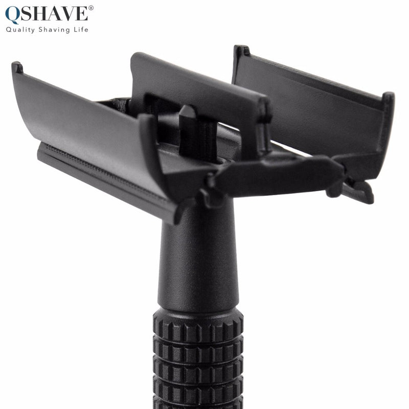 Qshave IT Matte Black Steel Coating Safety Razor Long Handle Butterfly Open Classic Safety Razor 11.4 x 4.3  with 5 blades RD260