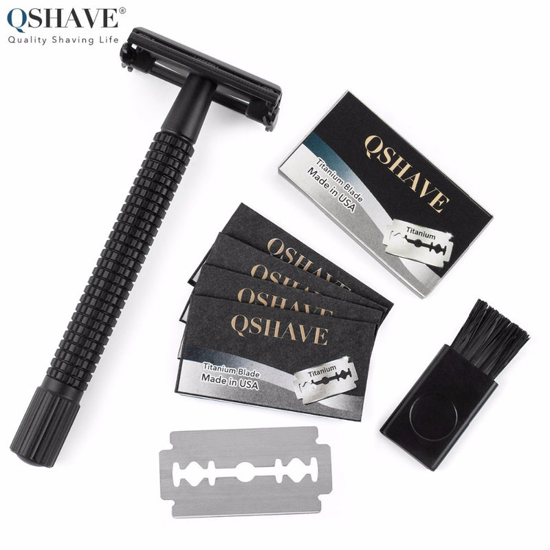 Qshave IT Matte Black Steel Coating Safety Razor Long Handle Butterfly Open Classic Safety Razor 11.4 x 4.3  with 5 blades RD260