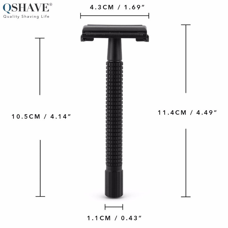 Qshave IT Matte Black Steel Coating Safety Razor Long Handle Butterfly Open Classic Safety Razor 11.4 x 4.3  with 5 blades RD260