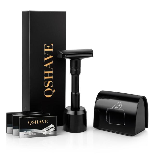 QShave Luxurious Black Adjustable Safety Razor kit  Holder + Razor + Blade Disposal Case +15 Blades set RD928