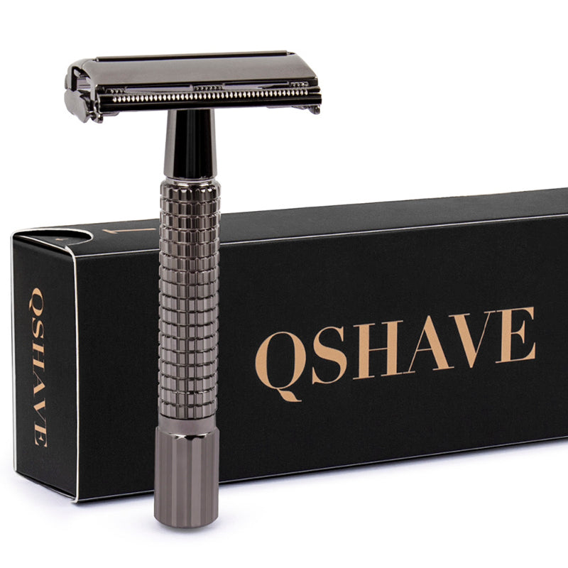 QSHAVE 8.7cm Short Handle Classic Safety Razor with 5 blades as gift Gunblack RD269