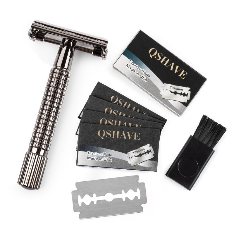 QSHAVE 8.7cm Short Handle Classic Safety Razor with 5 blades as gift Gunblack RD269