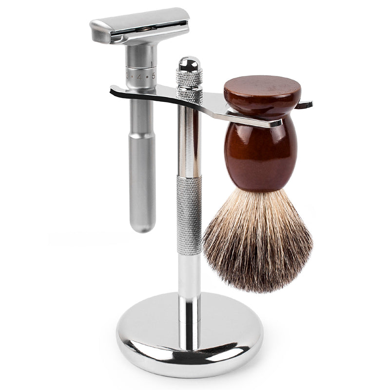 Qshave  Classic Safety Razor With 100% Pure Badger Hair Shaving Brush With Stand Holder for Double Edge Razor RD7284