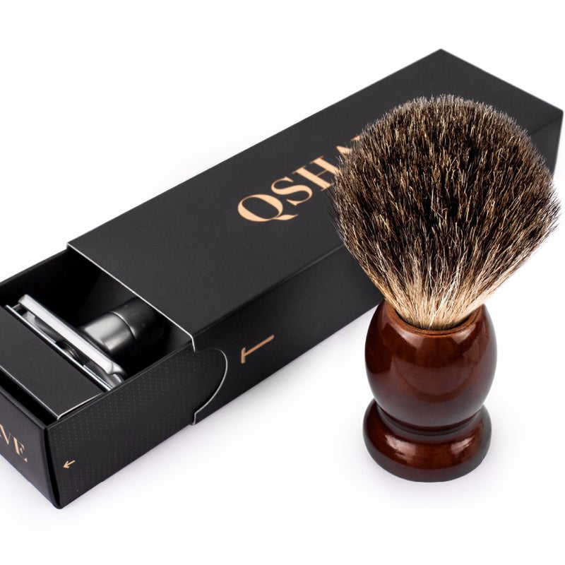 Qshave  Classic Safety Razor With 100% Pure Badger Hair Shaving Brush With Stand Holder for Double Edge Razor RD7284