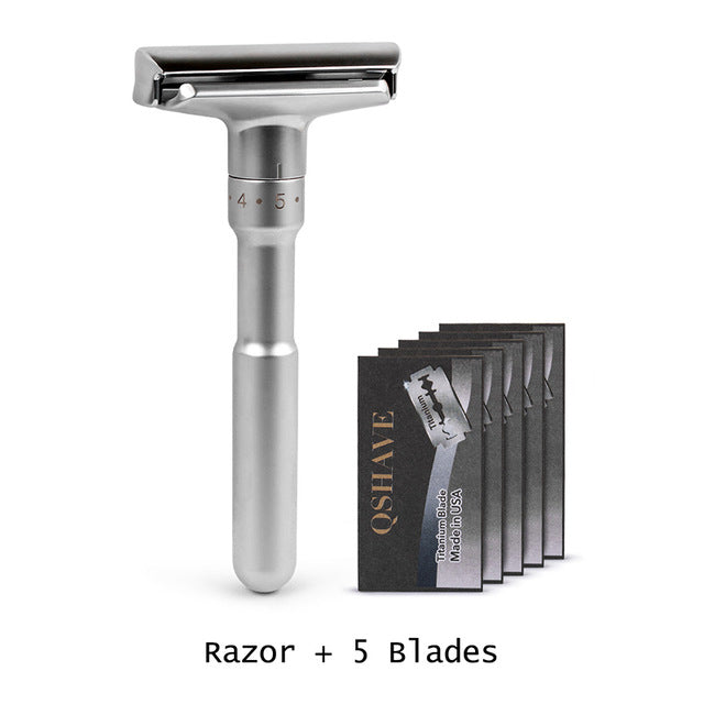 QSHAVE Adjustable Safety Razor Double Edge Classic Mens Shaving Mild to Aggressive 1-6 File Hair Removal Shaver it with 5 Blades RD728