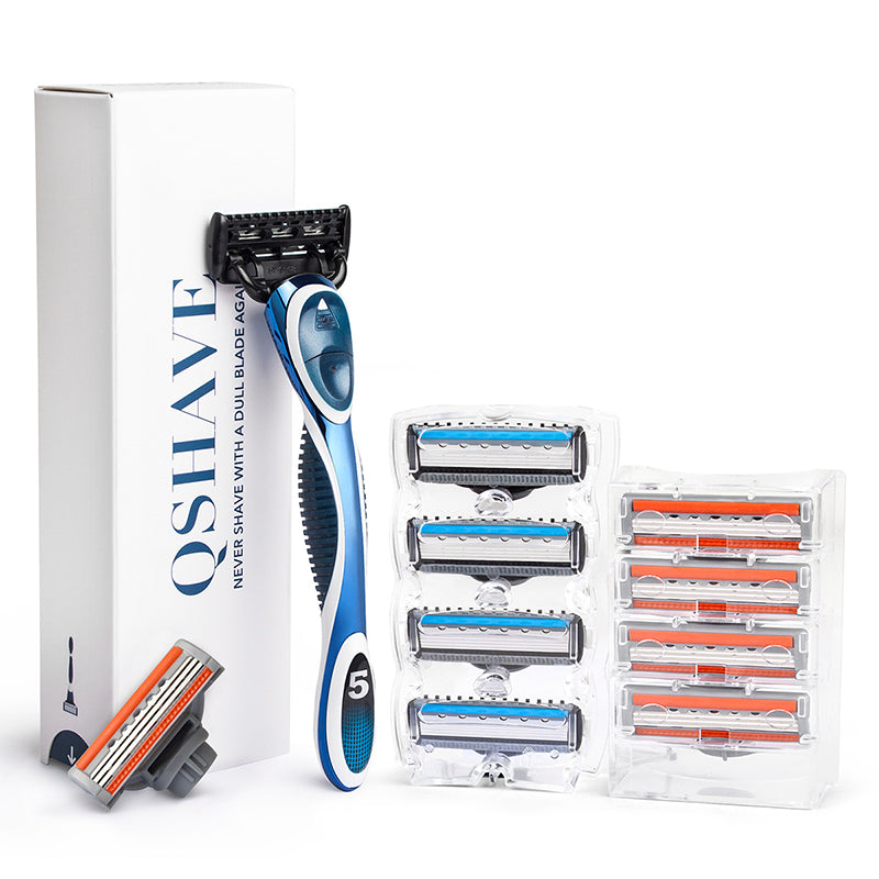 QShave Blue Men Shave Razor 1 Handle + 5 Cartridges X3 Blade, 5 Cartridges X5 Blade RQ505