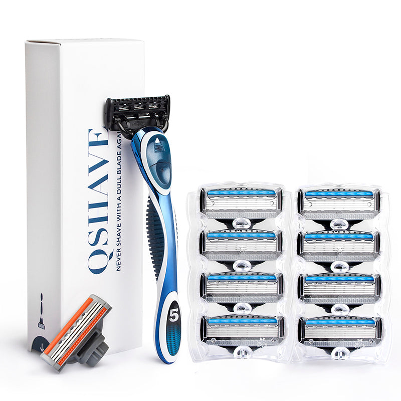 QShave Blue Men Shaving Razor, 1 Handle + 1 Cartridge X3 Blade + 9 Cartridges X5 Blade RQ119