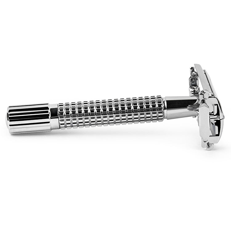 QSHAVE 8.6cm Short Handle Classic Safety Razor with 5 blades silver plated RD267