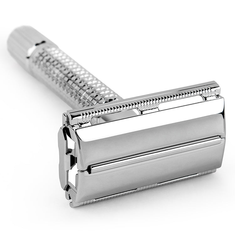 QSHAVE 8.6cm Short Handle Classic Safety Razor with 5 blades silver plated RD267