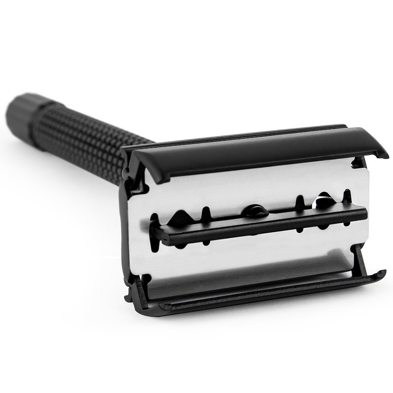 Qshave IT Matte Black Steel Coating Safety Razor Long Handle Butterfly Open Classic Safety Razor 11.4 x 4.3  with 5 blades RD260