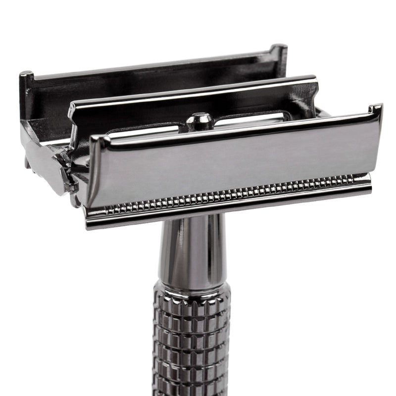 QSHAVE 8.7cm Short Handle Classic Safety Razor with 5 blades as gift Gunblack RD269