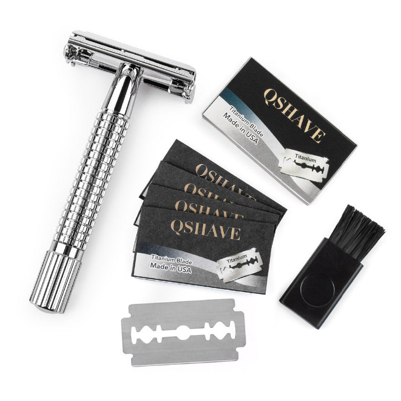 QSHAVE 8.6cm Short Handle Classic Safety Razor with 5 blades silver plated RD267