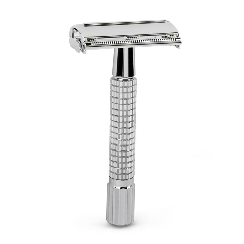 QSHAVE 8.6cm Short Handle Classic Safety Razor with 5 blades silver plated RD267