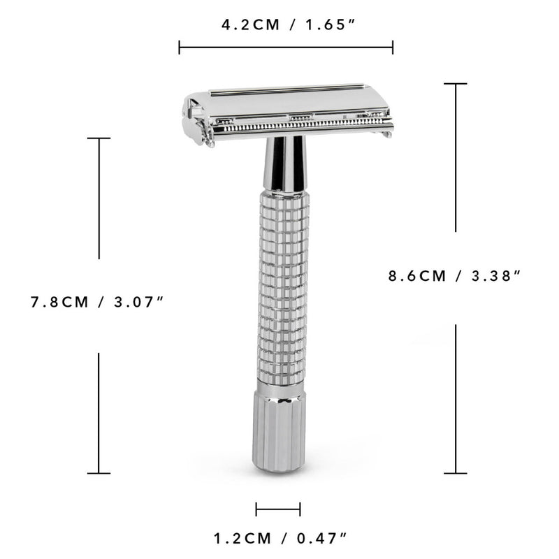 QSHAVE 8.6cm Short Handle Classic Safety Razor with 5 blades silver plated RD267