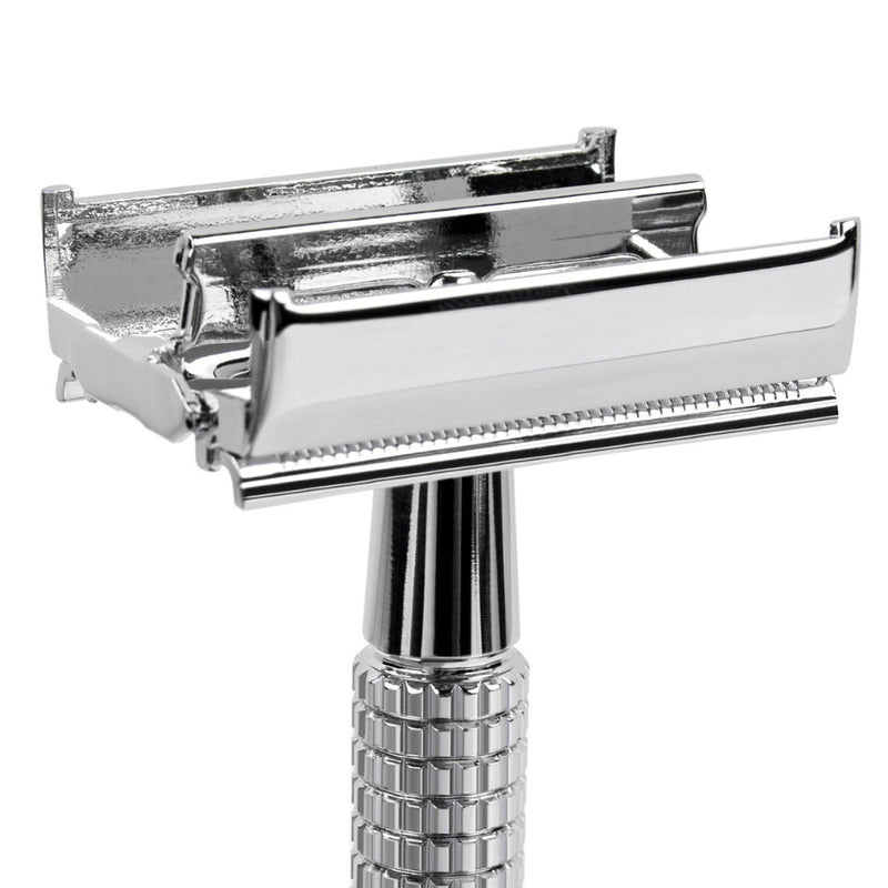 QSHAVE 8.6cm Short Handle Classic Safety Razor with 5 blades silver plated RD267