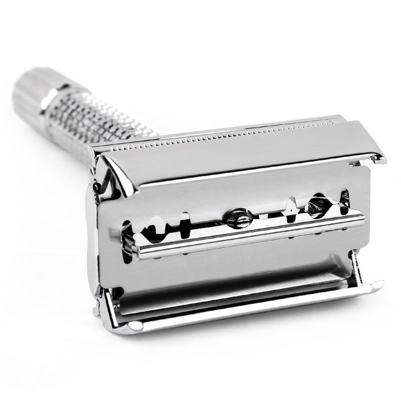 QSHAVE 8.6cm Short Handle Classic Safety Razor with 5 blades silver plated RD267