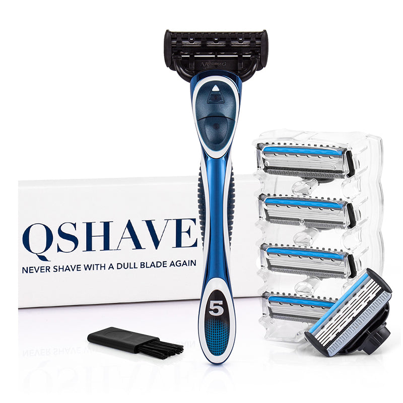 QShave Blue Series 5 Layer USA Blade Manual Razor Mens Shaving Razor with 6 Cartridges X5 Blade and each Piece has trimmer Blade RQ715