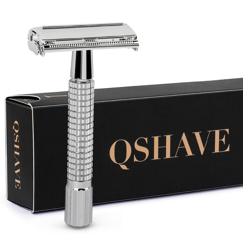 QSHAVE 8.6cm Short Handle Classic Safety Razor with 5 blades silver plated RD267